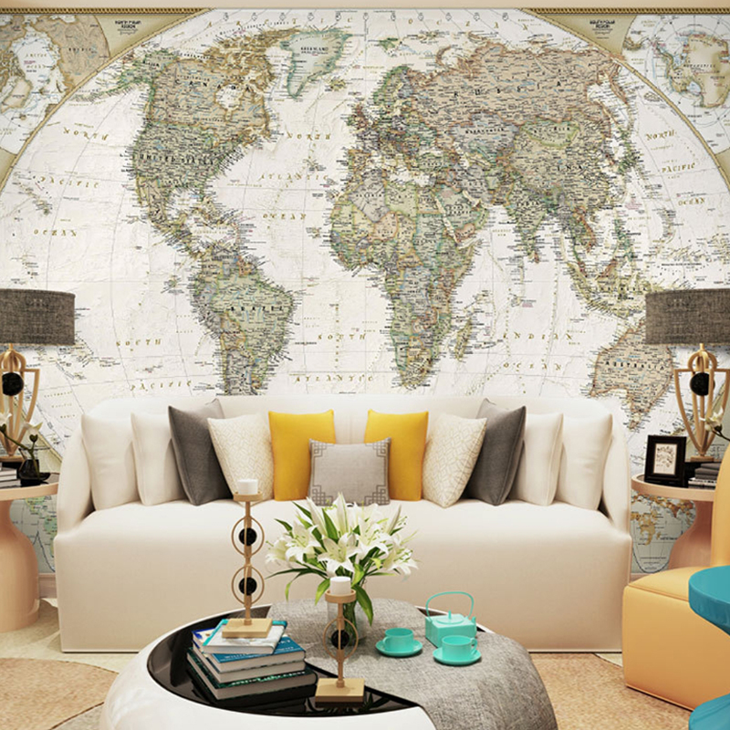世界地图复古欧美式艺术常州办公室墙纸沙发金坛背景墙壁纸墙布长安