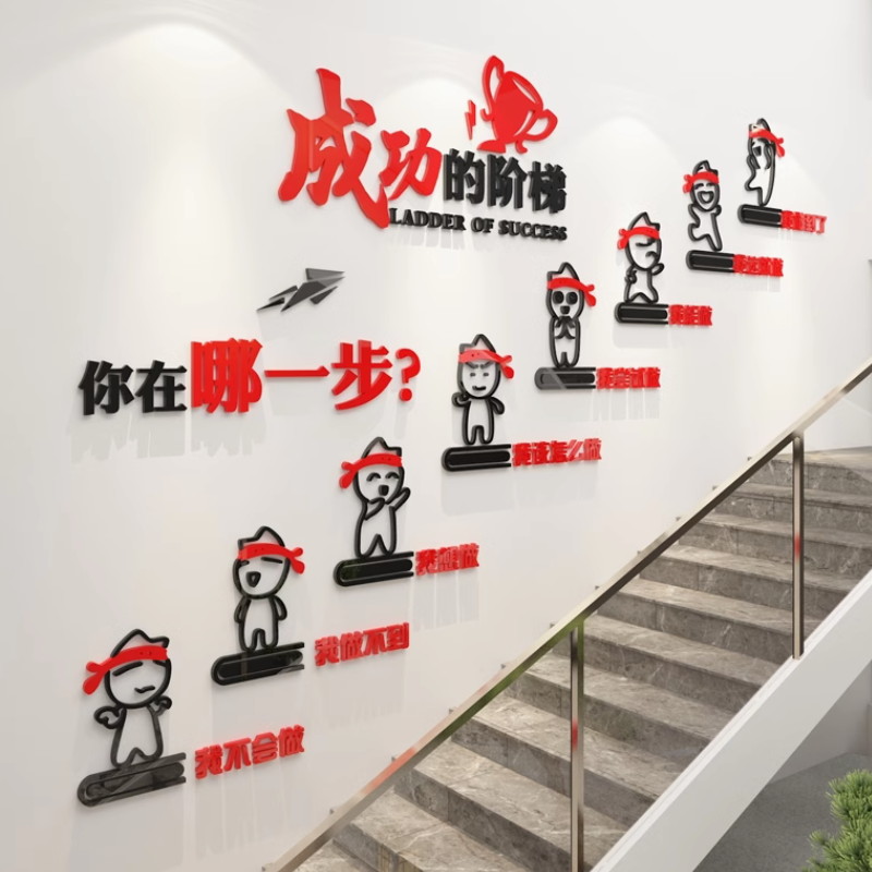 北京企业文化墙、企业楼道、办公室墙面装潢背景、鼓舞士气标语贴画、布置阶梯